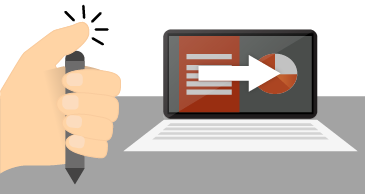 Hand holding and clicking the top of a pen next to a laptop screen showing a slideshow