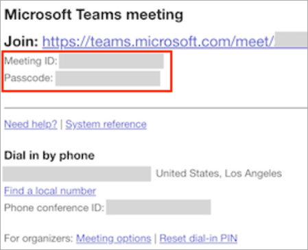 Screenshot showing the new Teams meeting invite, highlighting the meeting ID and passcode.