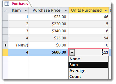 totals row with sum and count functions
