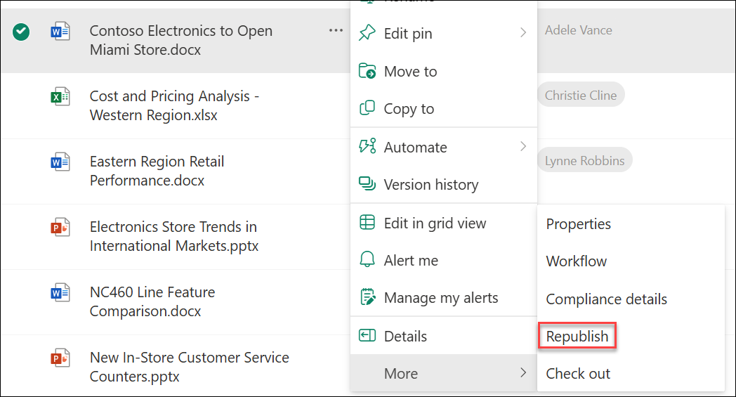 screenshot of republish a major version