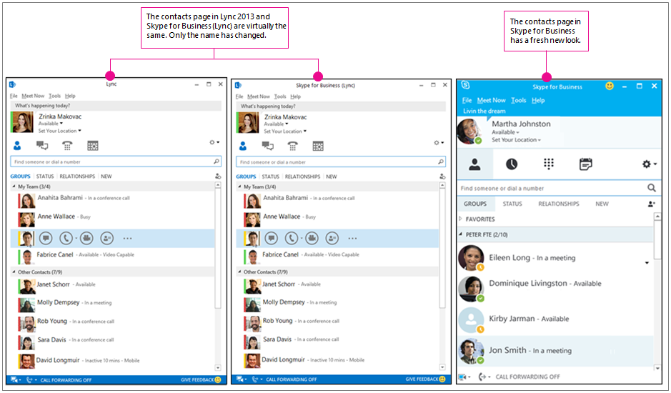 Side by side comparison of the Lync 2013 contacts page and the Skype for Business contacts page