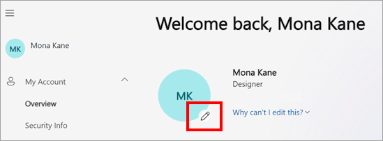 Screenshot of the My Account portal showing the user's profile photo, name, and various account settings options such as language, time zone, and privacy settings. The edit icon is visible over the profile photo, indicating where users can click to update their photo.