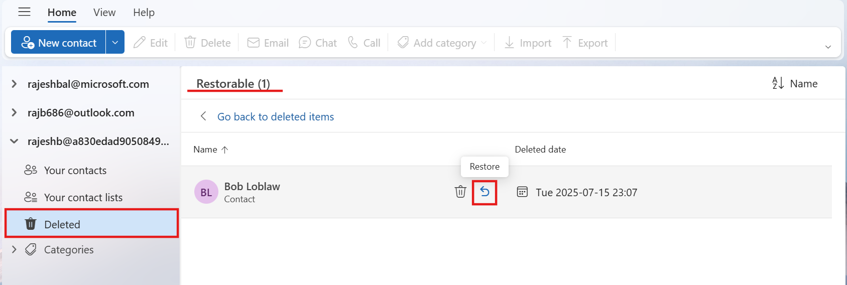 Screenshot of the restorable folder that displays one contact with highlights on the "Restore" icon and showing the folder name to be "Restorable"