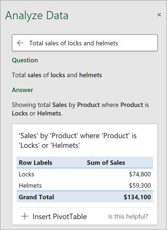 Analyze Data in Excel answering a question about how many Locks or Helmets were sold.