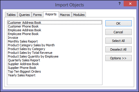 Import Objects dialog box in an Access database
