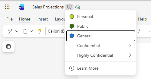 Drop down list of sensitivity labels in Office for the web, using a Word document as an example and standard label names
