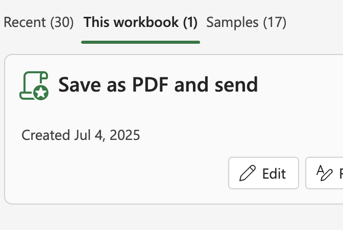 The "This workbook" list in the Office Scripts task pane.