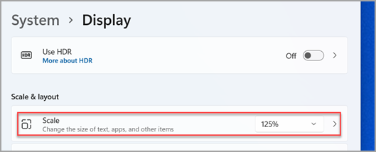 Where to find the Scale menu in Windows 11 Settings.