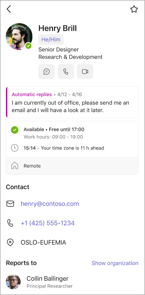 View of profile cards in Teams for mobile