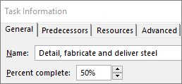 Screenshot of a task's Task Details dialog showing Percent complete