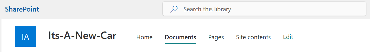 A SharePoint Site top bar menu with the Documents option selected.