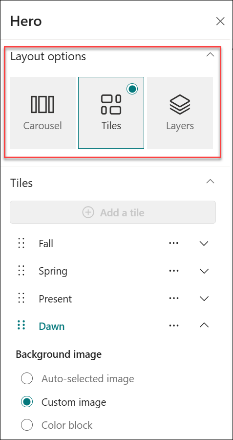 screenshot of change layout from properties pane