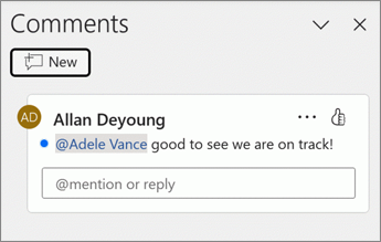 A blue dot appears next to a piece of comment in the Comments pane.