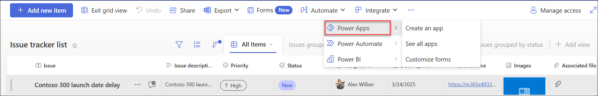 Image of the Power Apps menu with Create an app selected