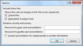 Options dialog box in Package for CD
