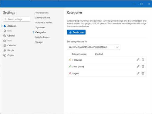 Category Management page showing shared mailbox in account selector