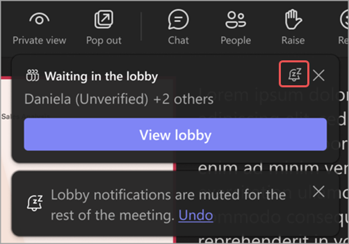 Screenshot of a lobby notification highlighting the “Mute these notifications” icon.