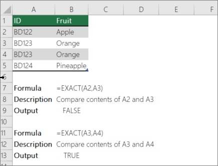An example using the EXACT function to compare one cell to another