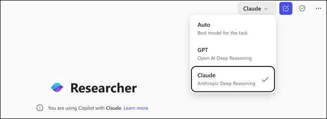 Screenshot: Image showing options to use Claude or GPT or Auto select in the Researcher agent