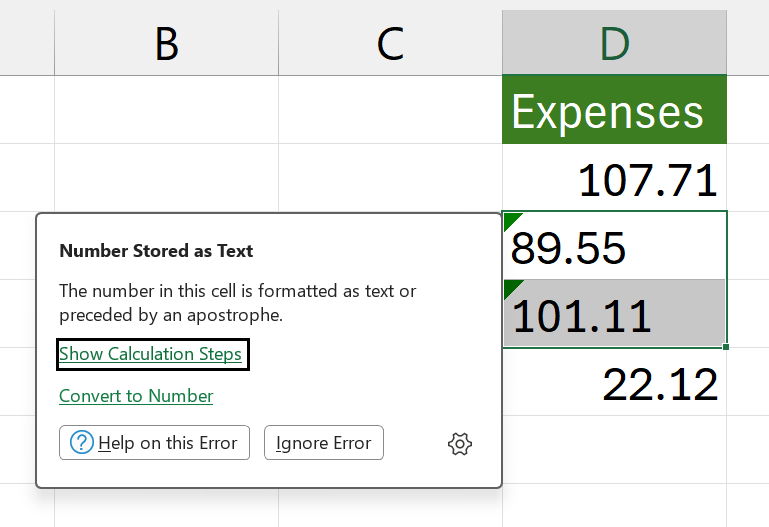 Relevant Cells are selected and user has the error card opened