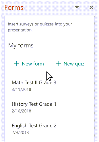 Choose to insert a new or existing form from the list