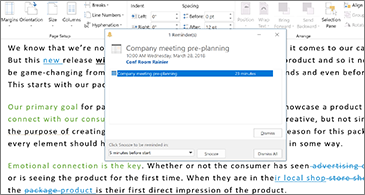 Word document with Reminder dialog box on top of it