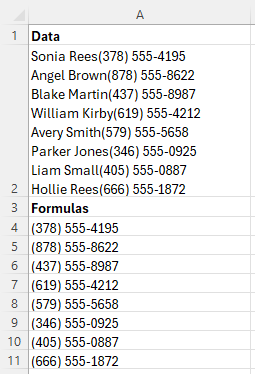 REGEXEXTRACT is used to extract multiple phone numbers of a specific format from mixed text, using the pattern "[0-9()]+ [0-9-]+"