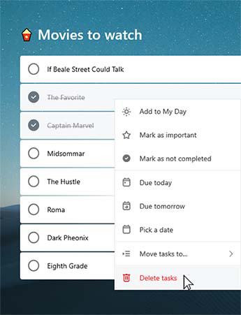In the Movies to watch list two completed tasks are selected. The context menu is open with the option to Delete tasks selected
