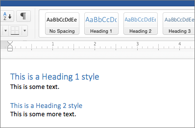 Examples of Heading 1 and Heading 2 styles in a document