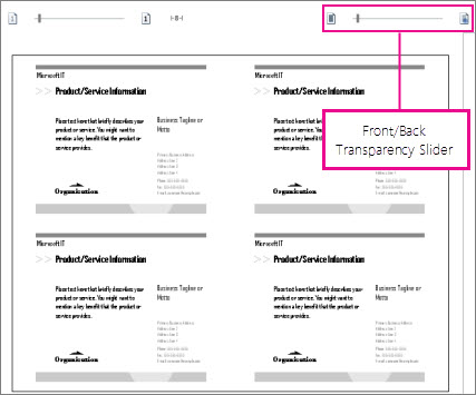 Print preview slider for seeing both the front and back of your publication so you can see if they line up correctly.