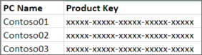Example two column product key list.
