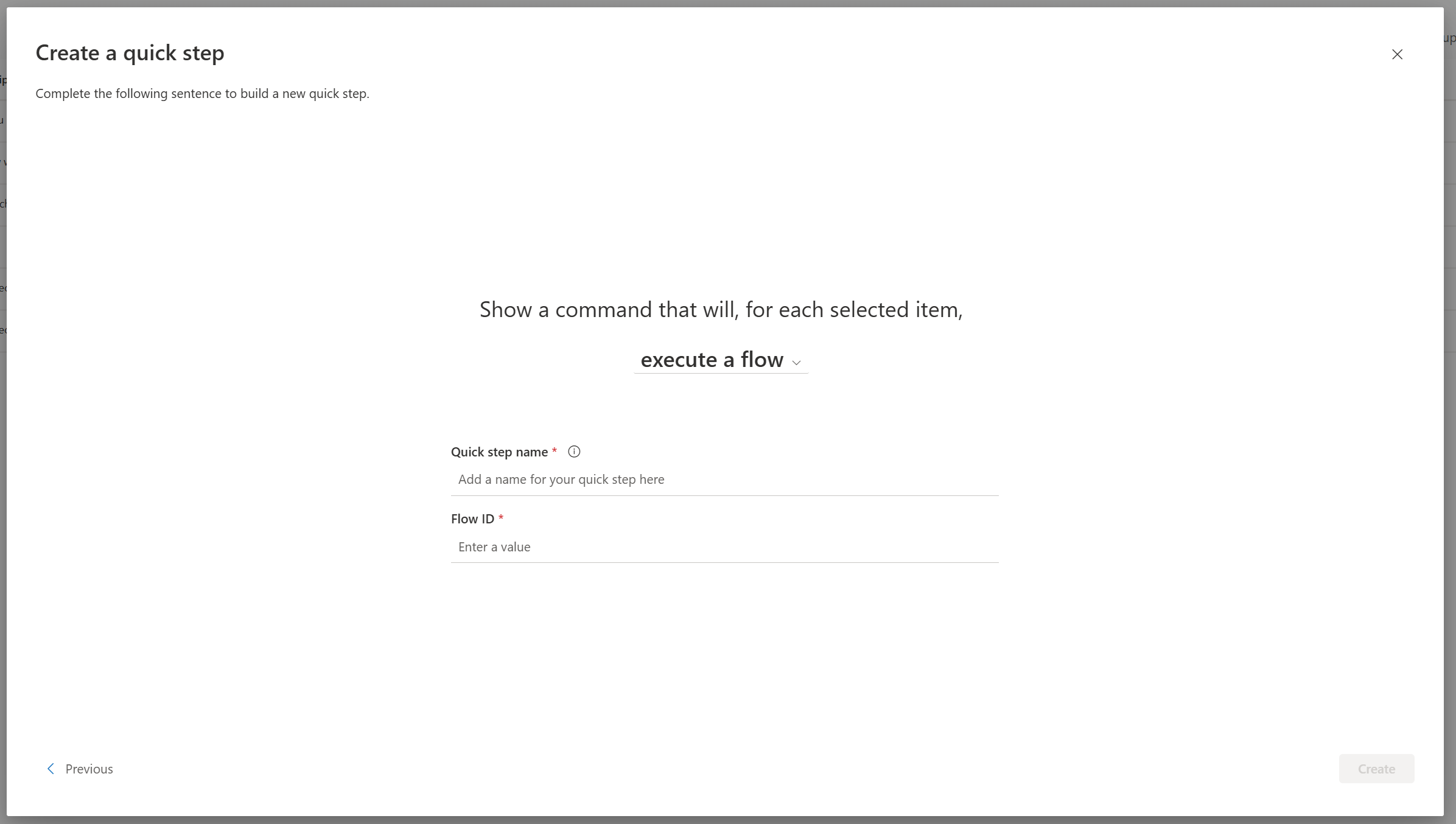 Dialog screen to configure the quick step