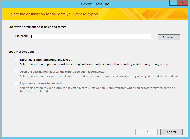 Select your export options on the Export - Text File dialog box.