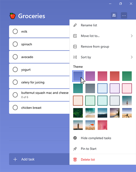 Groceries list with the more menu open and a theme selected