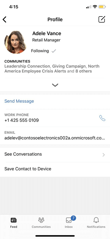 Yammer mobile profile settings
