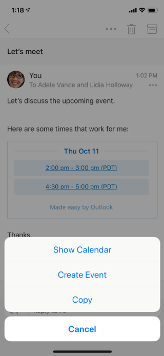 Shows an email on a mobile screen. There are menu options at the bottom: Show Calendar, Create Event, Copy, and Cancel.
