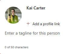 The image shows a Medium People Card which allows you to "Add a profile link" and "Enter a tagline for this person."  The tagline can be up to 50 characters.
