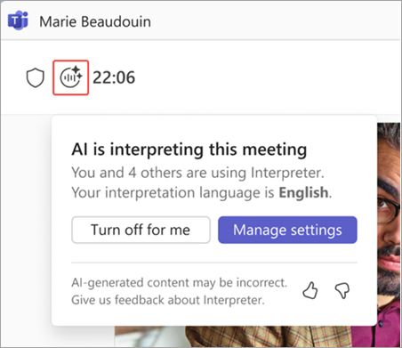 Screenshot highlighting Interpreter indicator in a Microsoft Teams meeting.