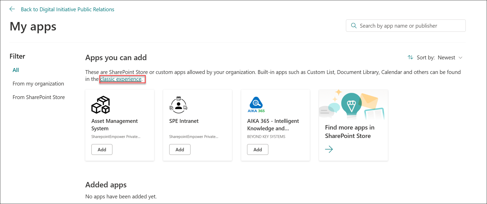 screenshot of add an app from classic experience