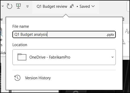 The drop-down menu from the document title in Word for Office 365