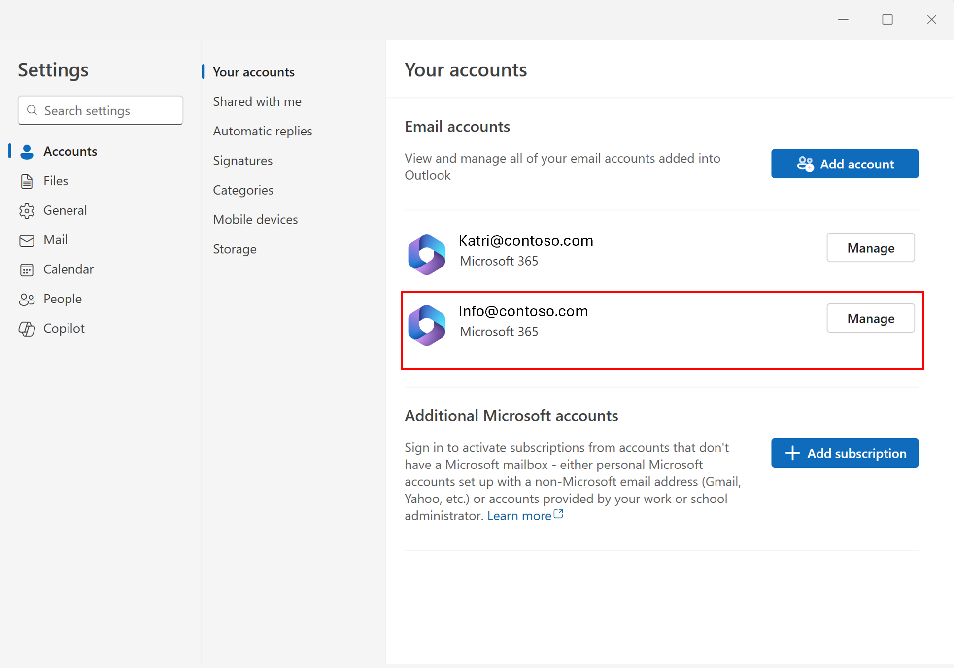Image showing how the shared mailbox shows on the Your accounts page
