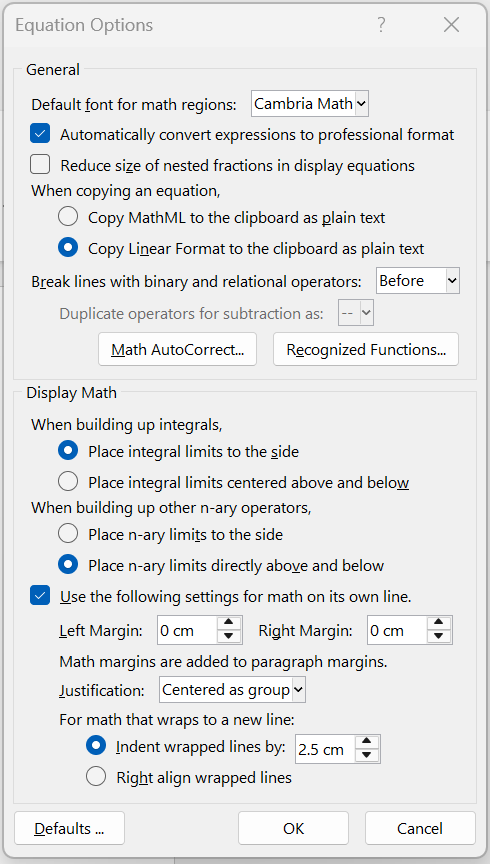 Equations options dialog box in a word document.