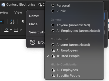 Screenshot of the title bar sensitivity menu expanded to show available sensitivity labels.
