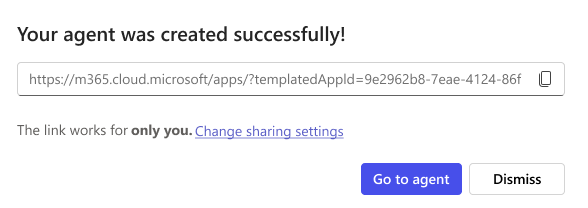 Screenshot of sharing option available on creating an agent