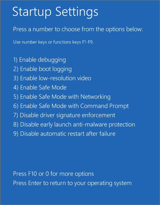 Screenshot of the startup settings list.