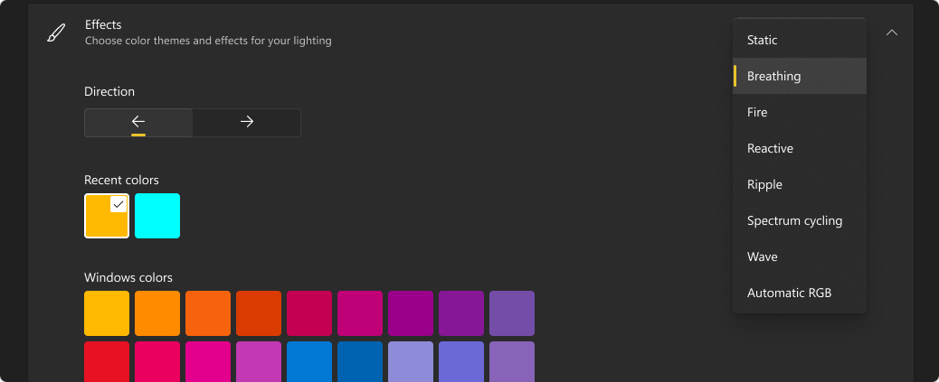 Screenshots of the effects available for Dynamic Lighting.