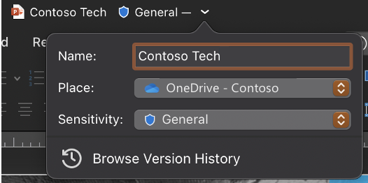 Expanded title bar drop-down showing the file name, location, and sensitivity.