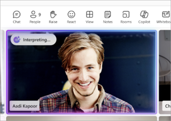 Screenshot of the indication that appears when someone’s speech is being interpreted in a Teams meeting.