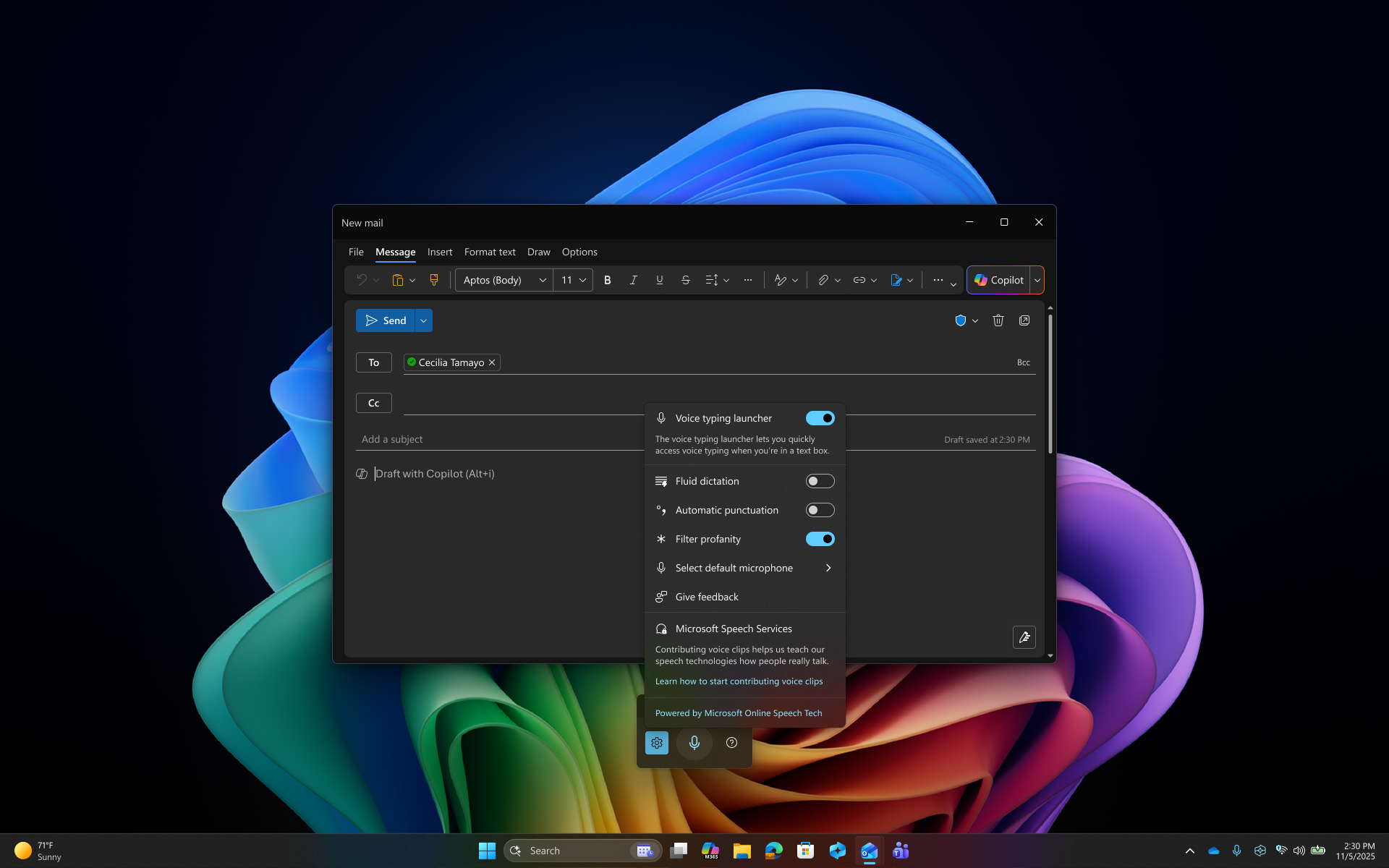 Outlook new mail window with voice typing settings panel open.