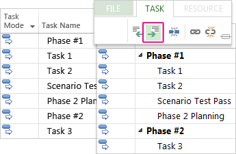 A task list with summary tasks and subtasks in the Gantt Chart